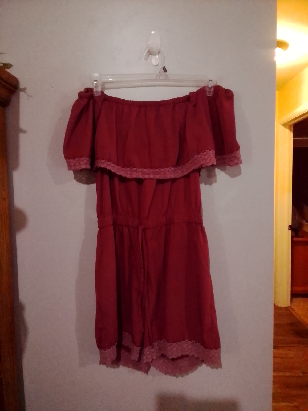 Off-Shoulder Mini Dress with Crochet Trim in Burgundy